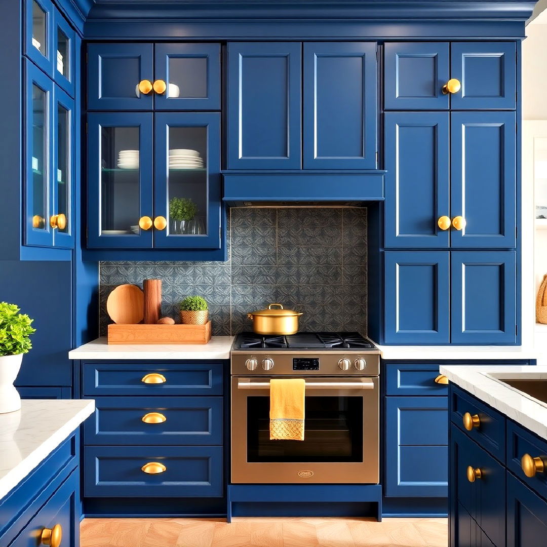 marine blue cabinets with chunky gold knobs - 30 Blue Kitchen Cabinets With Gold Hardware