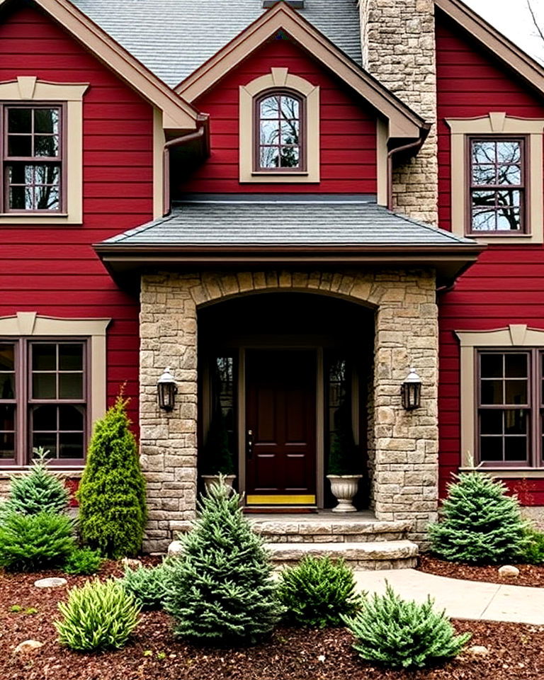 maroon house exterior with stone accents - 20 Dark Red House Exterior Ideas