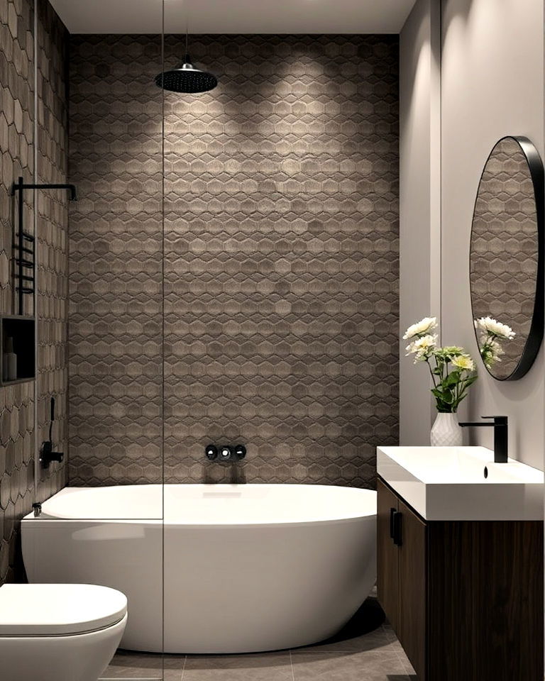 masculine bathroom with textured wall tiles - 20 Masculine Bathroom Ideas