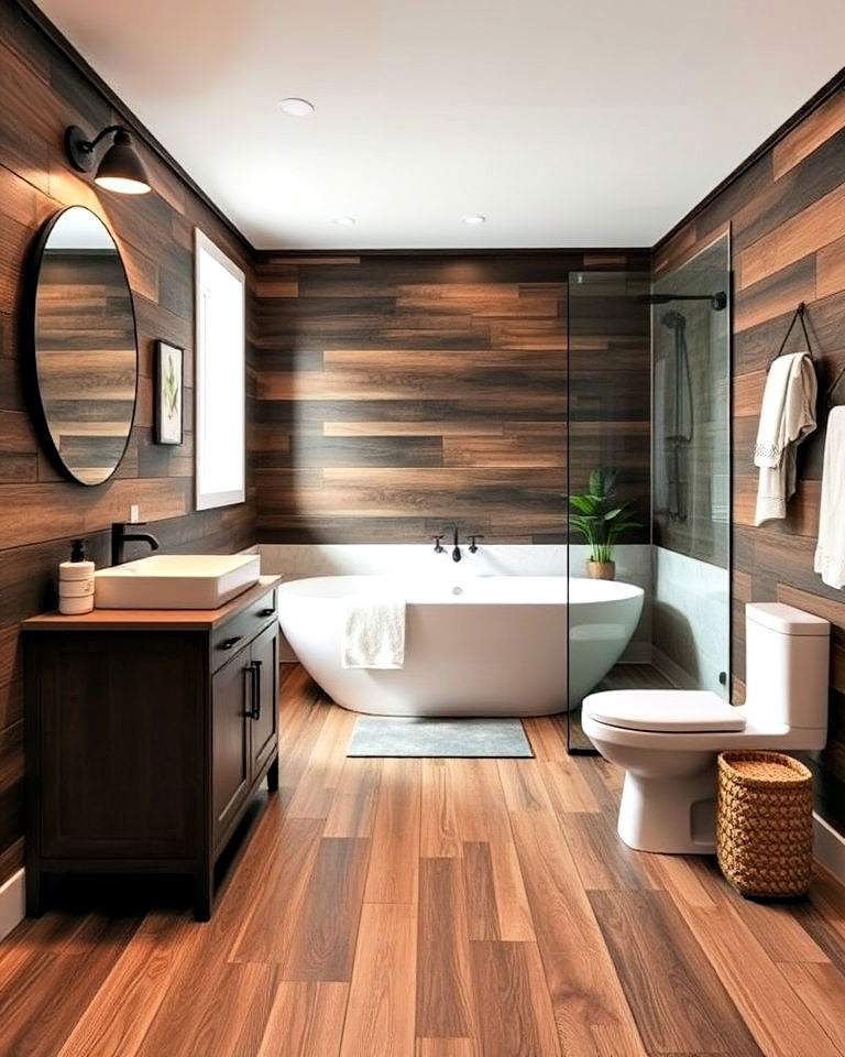 masculine bathroom with wood plank flooring - 20 Masculine Bathroom Ideas