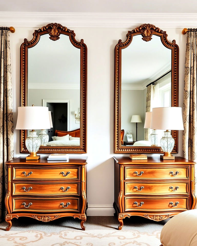 matching nightstands with dual mirrors behind - 15 Mirror Behind Nightstand Design Ideas