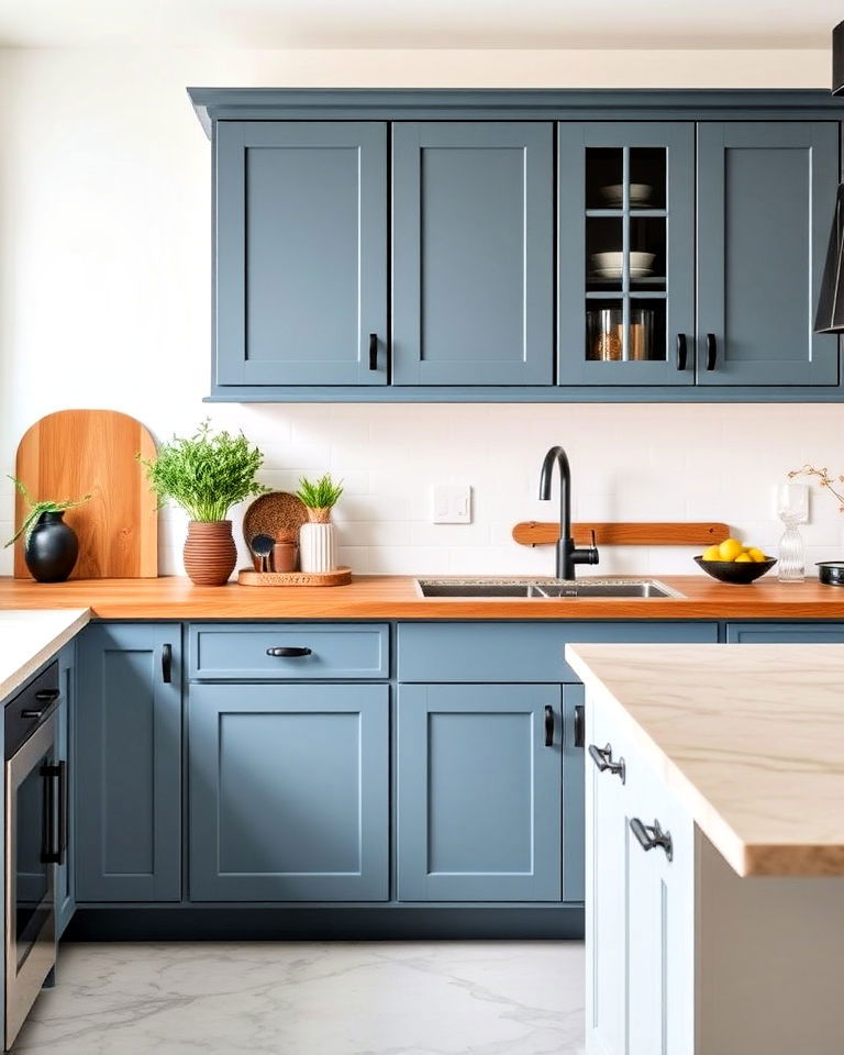 matte black accents for mineral blue cabinets - 30 Blue Farmhouse Kitchen Cabinets