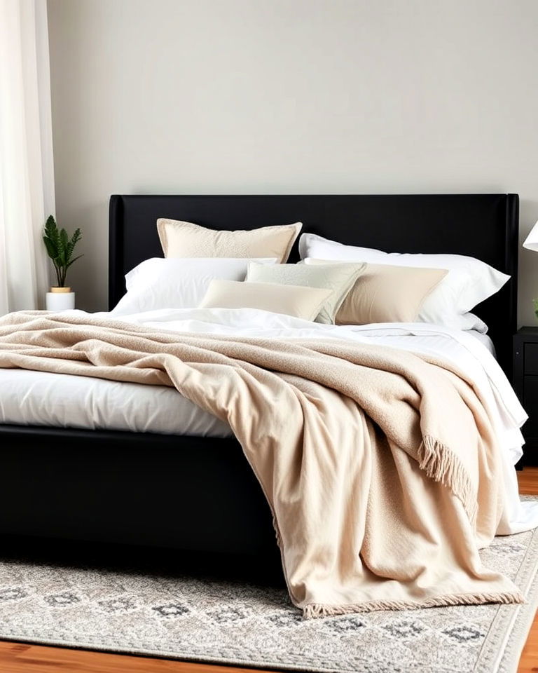 matte black bed frame with soft textiles - 20 Matte Black Bedroom Ideas