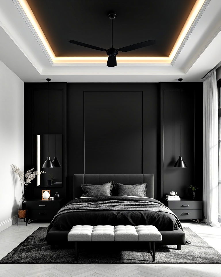 matte black black ceiling with white walls - 20 Matte Black Bedroom Ideas