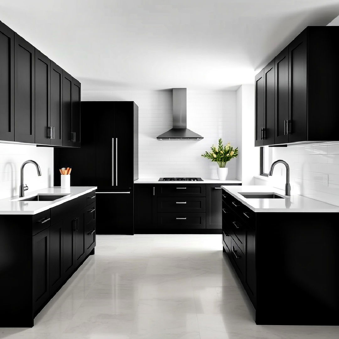 matte black cabinets and white countertops - 40 Black and White Kitchen Ideas