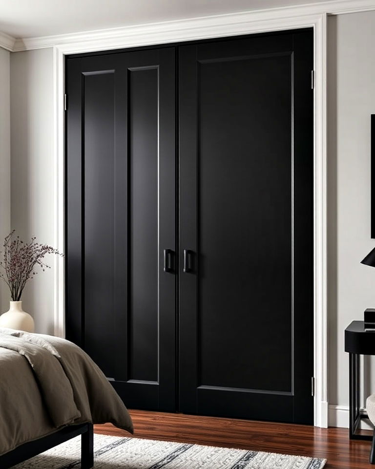 matte black closet doors for sleek storage - 20 Matte Black Bedroom Ideas