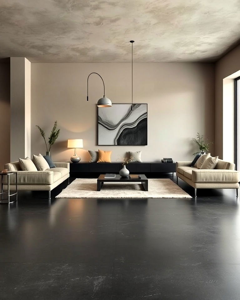 matte black concrete floor ideas - 25 Black Floor Living Room Ideas
