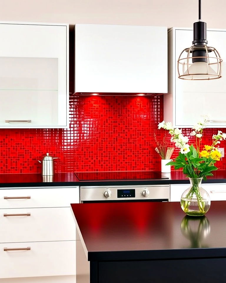 matte black countertops and red backsplash - 25 Red and Black Kitchen Ideas