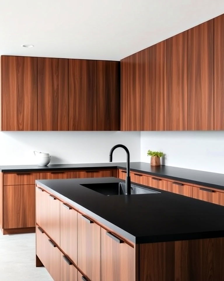 matte black countertops with modern walnut cabinets - 25 Brown Kitchen Cabinets With Black Countertops