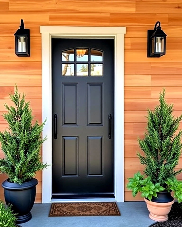 matte black door against cedar - 20 Cedar Front Door Colors Ideas