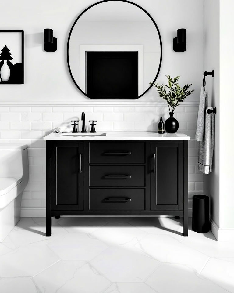 matte black fixtures for ultra modern look - 20 Black Vanity Bathroom Ideas
