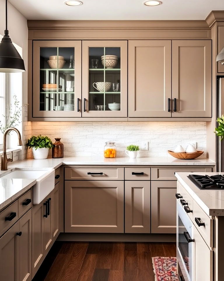 matte black hardware for taupe cabinets - 25 Taupe Kitchen Cabinet Ideas