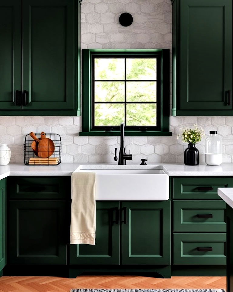 matte black hardware with forest green cabinets - 30 Black and Green Kitchen Ideas