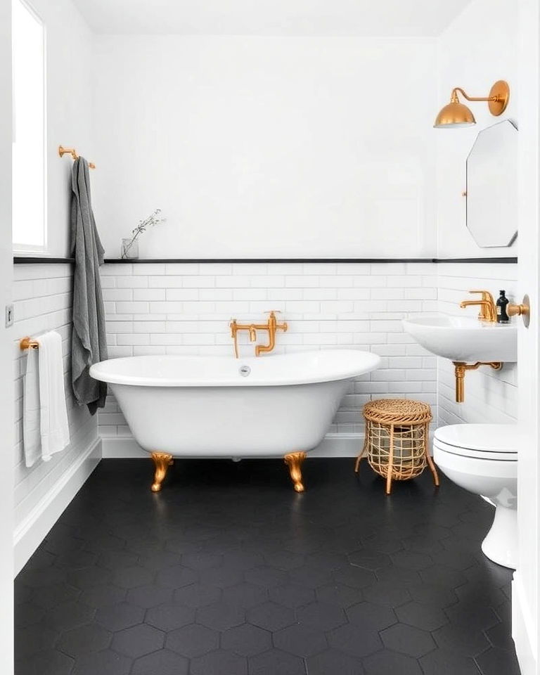 matte black hexagon tiles floor - 20 Black Floor Bathroom With White Walls Ideas