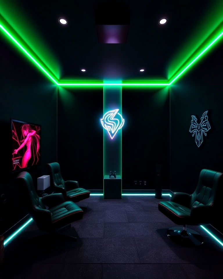 matte black paint with neon accents - 20 Game Room Paint Ideas