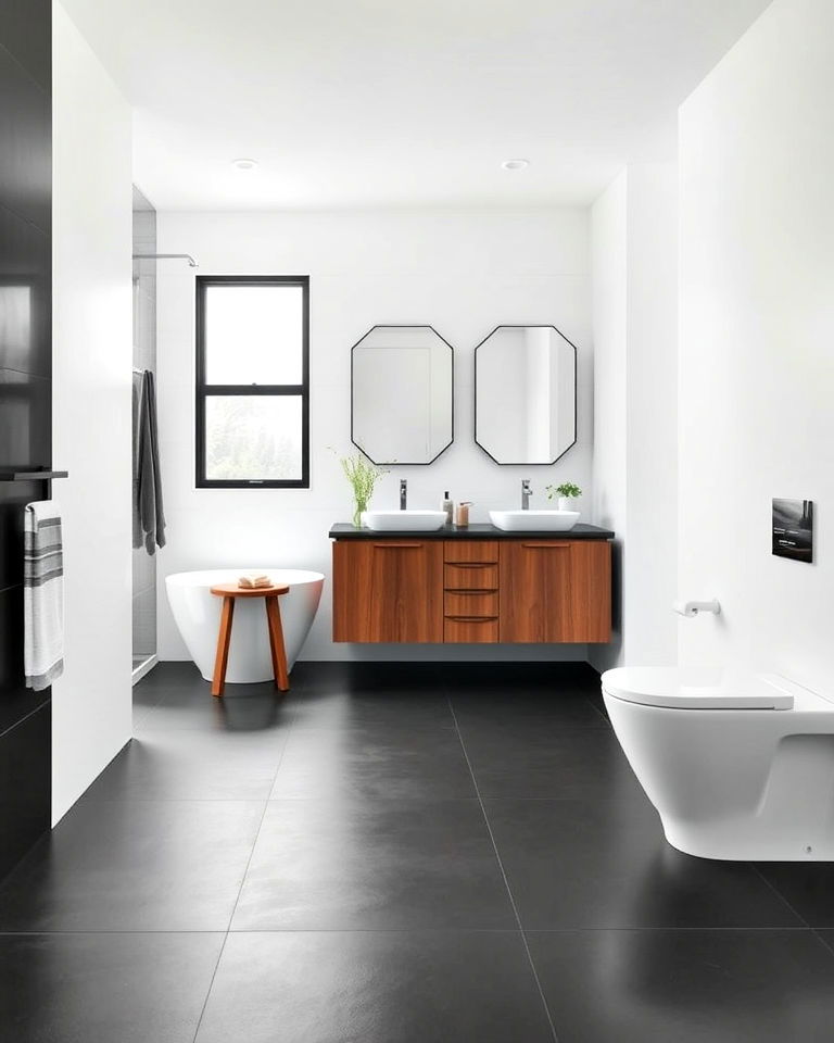 matte black porcelain tiles bathroom floor with white walls - 20 Black Floor Bathroom With White Walls Ideas