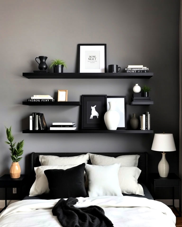 matte black shelving for bedroom - 20 Matte Black Bedroom Ideas