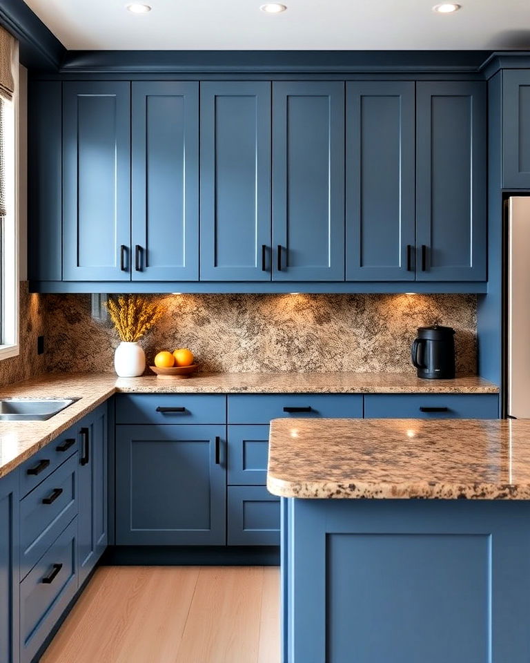 matte blue cabinets and brown granite countertops - 20 Blue Kitchen Cabinets With Brown Granite Countertops