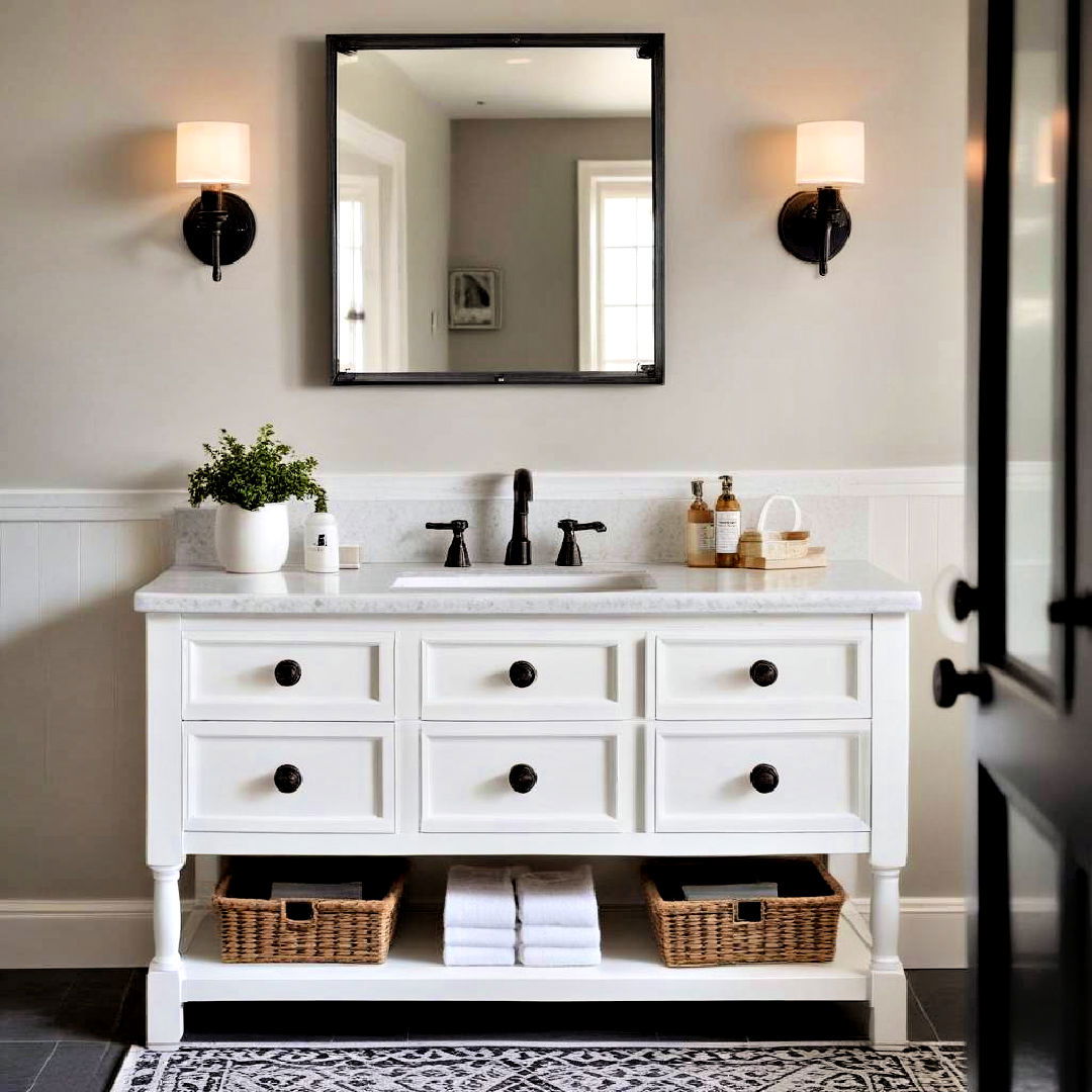 matte enamel finish hardware - 40 Farmhouse Bathroom Ideas