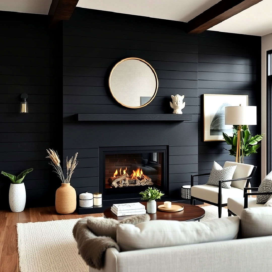 matte finish black shiplap fireplace - 40 Black Shiplap Fireplace Ideas
