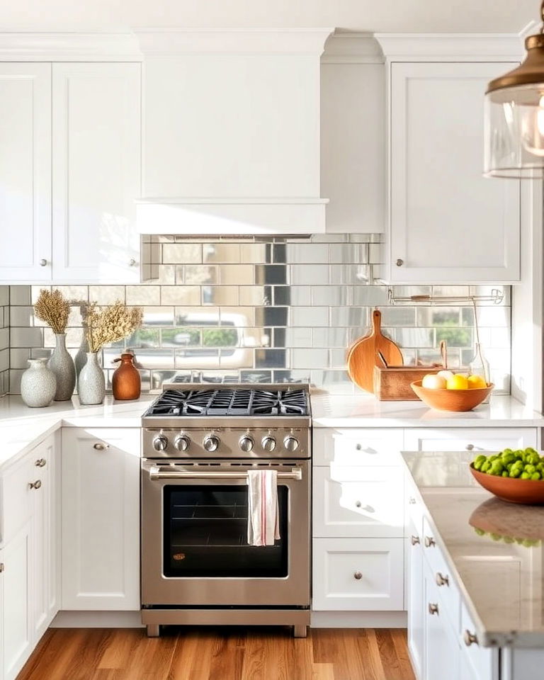 matte finish mirrored backsplash with shimmer - 30 Mirrored Backsplash Kitchen Ideas