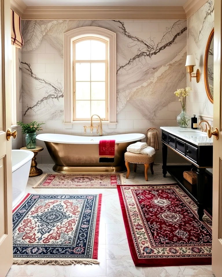 maximalist bathroom design with layered rugs - 20 Maximalist Bathroom Design Ideas