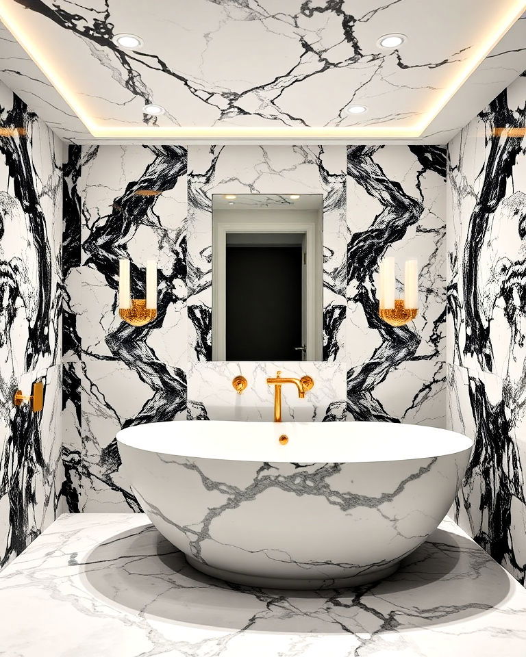 maximalist bathroom with floor to ceiling marble - 20 Maximalist Bathroom Design Ideas