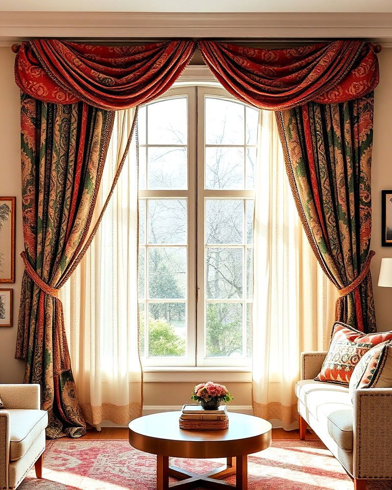 maximalist curtain display for boho ambiance - 30 Bohemian Maximalist Decor Ideas