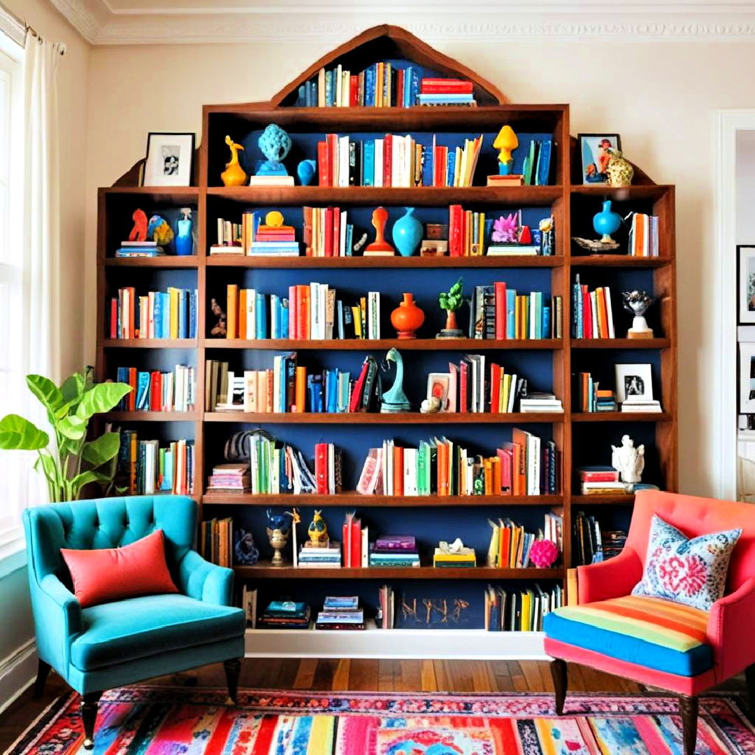 maximalist decor with colorful book display - 30 Maximalist Decor Ideas