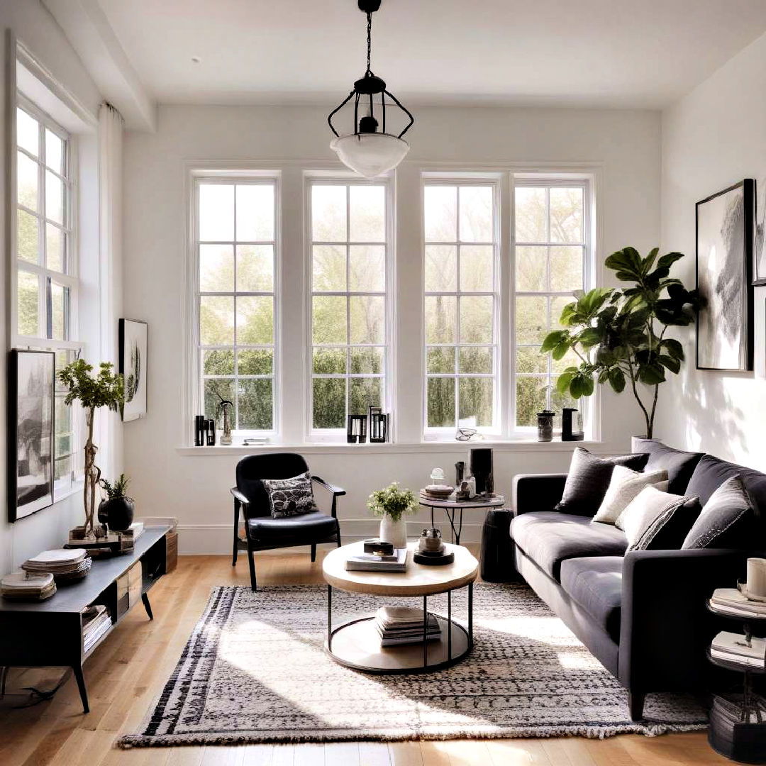 maximize natural light - 30 Black and White Living Room Ideas