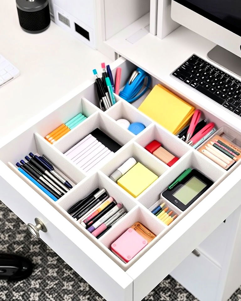 maximize space with drawer organizers - 30 Cubicle Decor Ideas