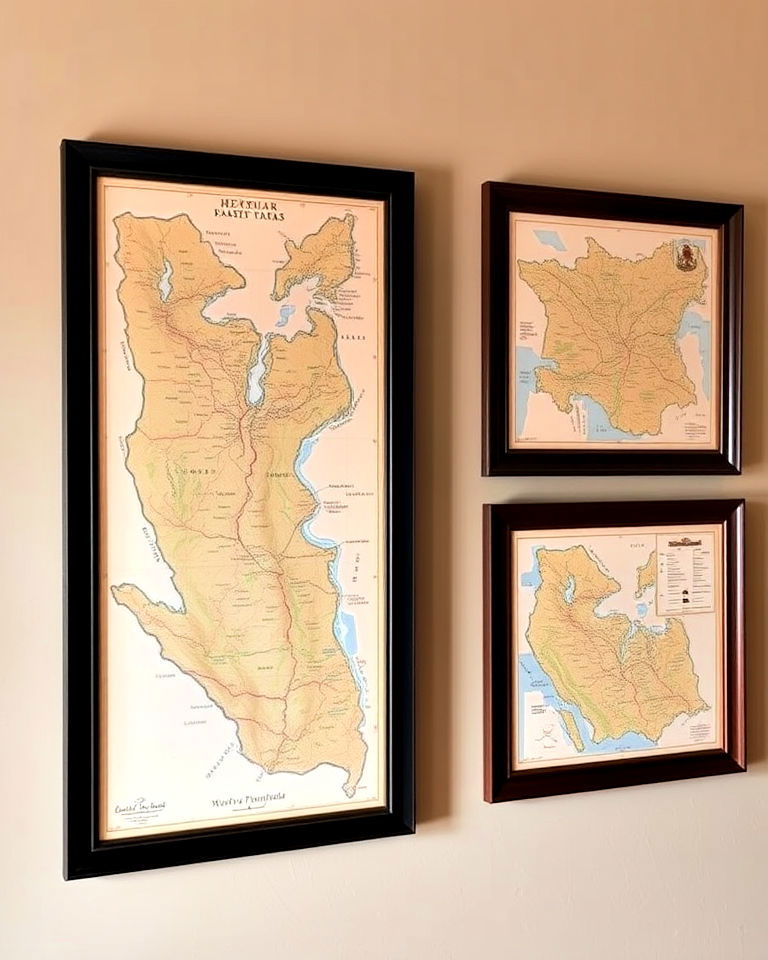 meaningful wall decor with maps - 25 Hunting Room Ideas