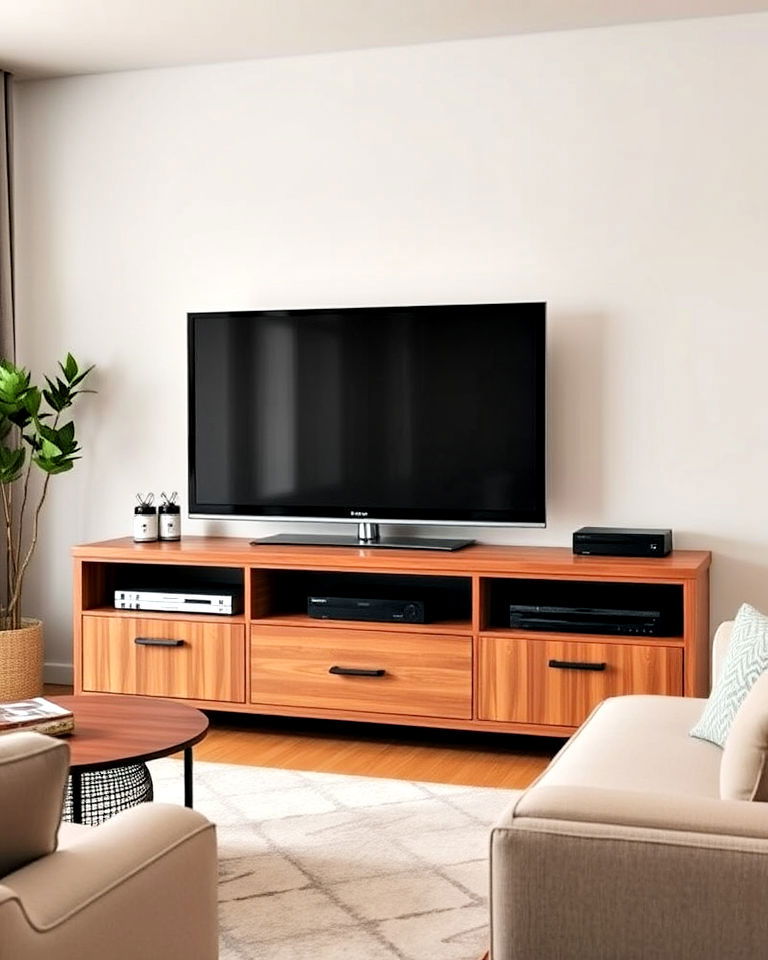 media storage with sleek tv stand - 30 Living Room Storage Ideas