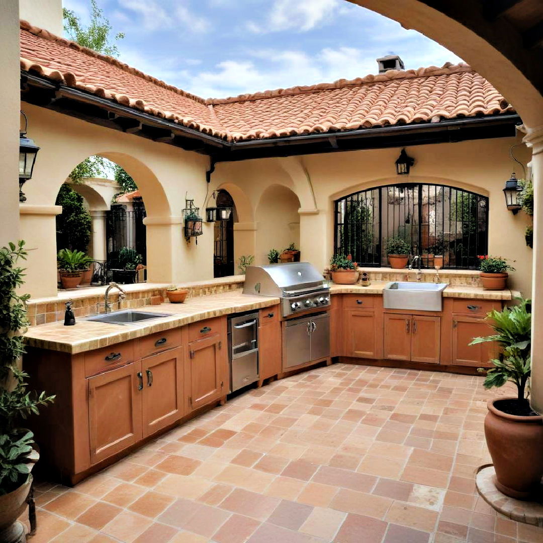 mediterranean courtyard with tile roofing - 25 Covered Outdoor Kitchen Ideas