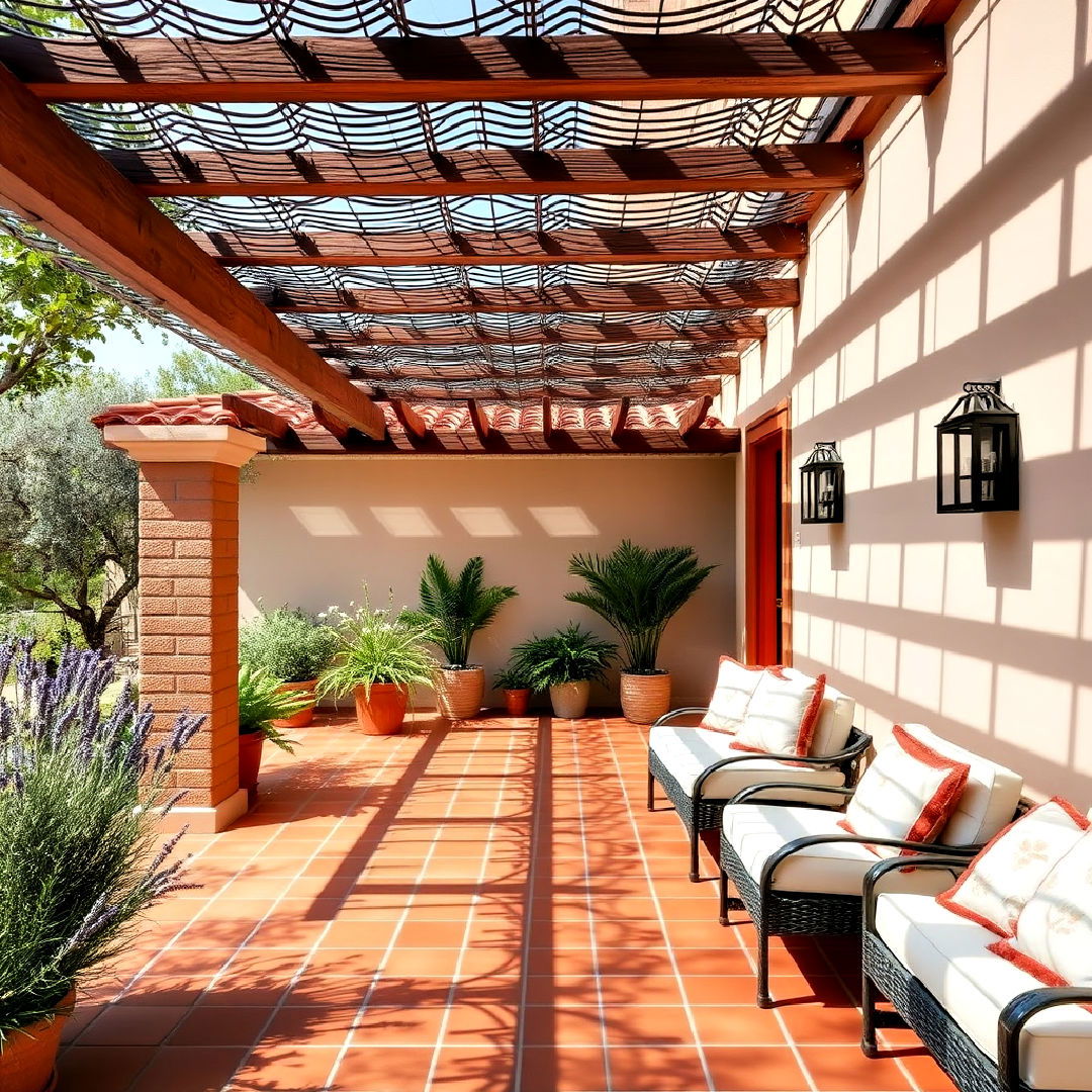 mediterranean inspired patio pergola with terracotta tiles - 40 Patio With a Pergola Ideas