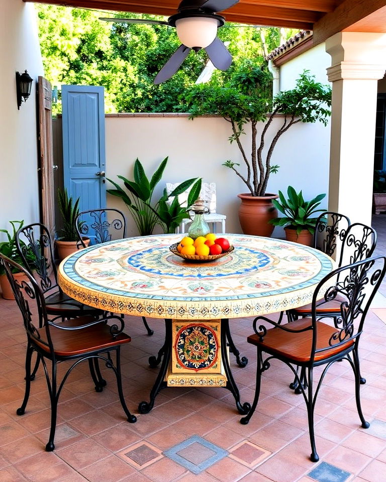 mediterranean patio with tiled dining table - 25 Mediterranean Patio Ideas