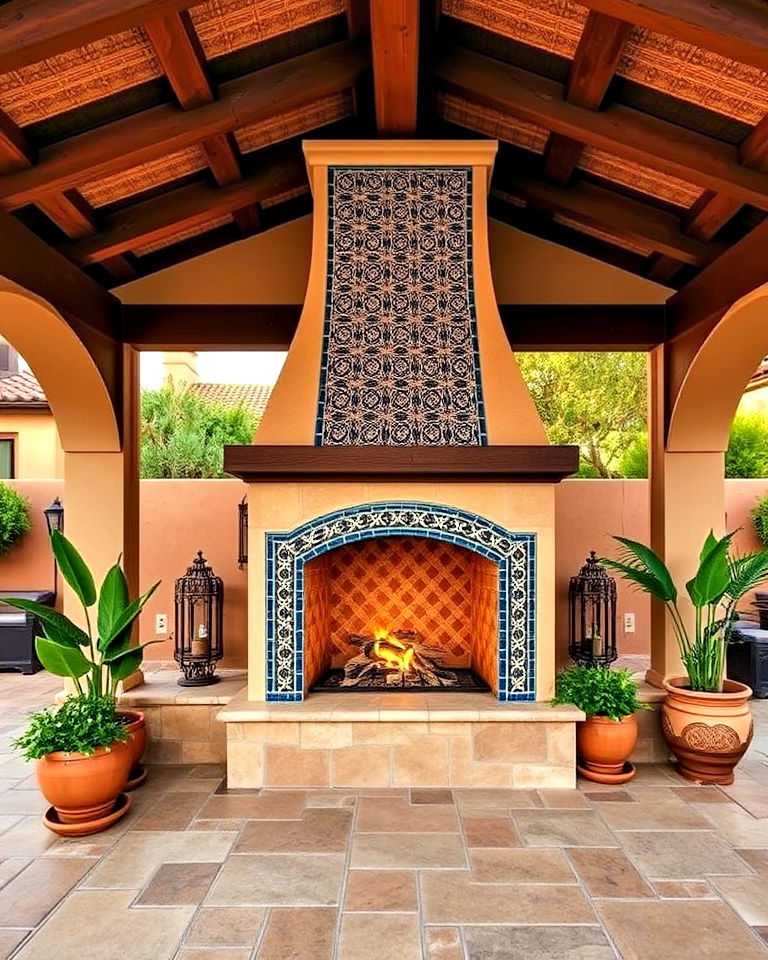 mediterranean pavilion design with tile fireplace - 15 Backyard Pavilions With Fireplaces