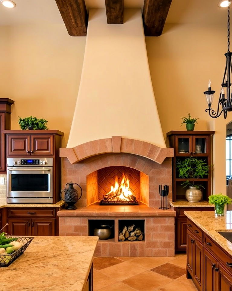 mediterranean style kitchen with arched fireplace - 25 Kitchens With Fireplaces