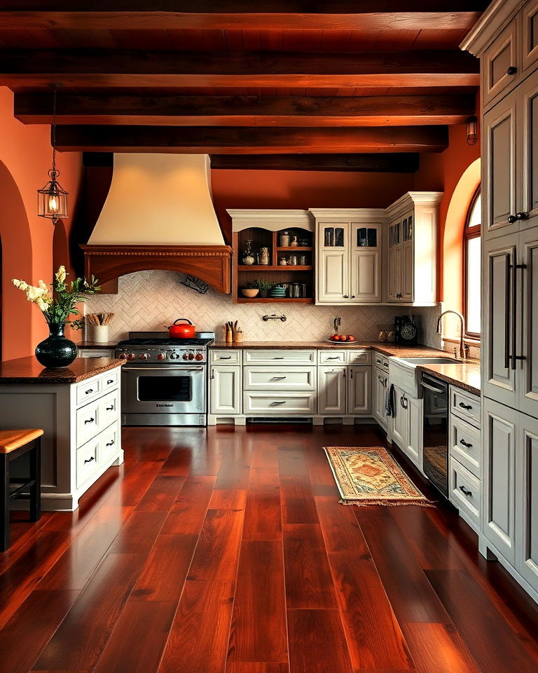 mediterranean style kitchen with mahogany wood floor - 15 Kitchens With Wood Floors