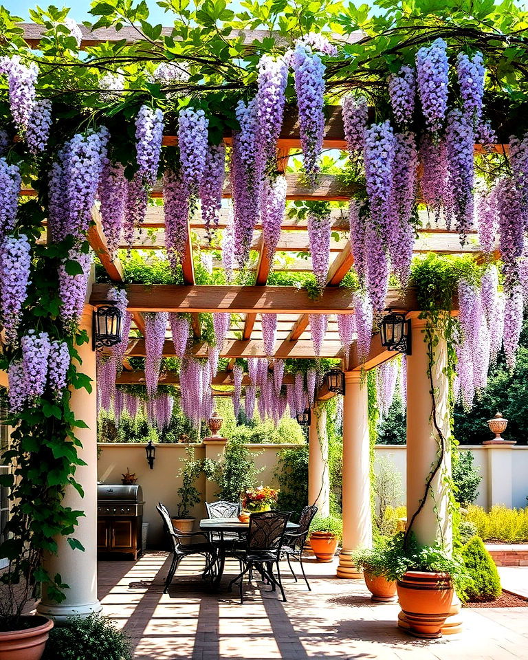 mediterranean style pergola with draping vines - 25 Mediterranean Patio Ideas