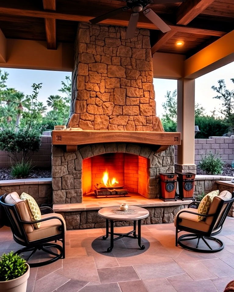 mediterranean style stone fireplace - 25 Mediterranean Patio Ideas