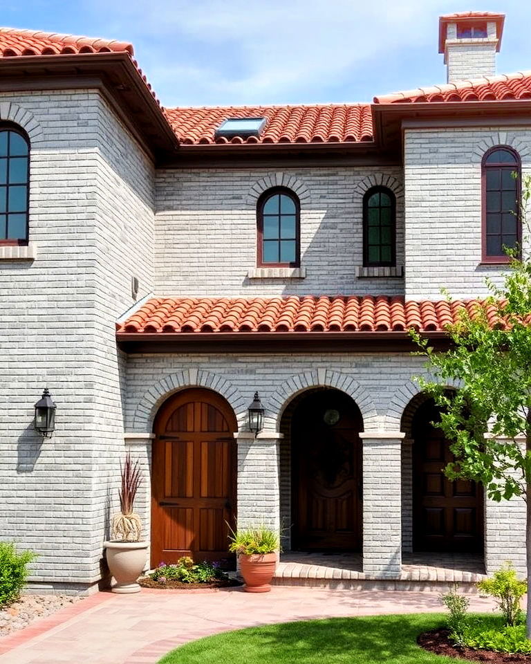mediterranean style warm gray brick exterior - 30 Gray Brick Exterior Home Ideas