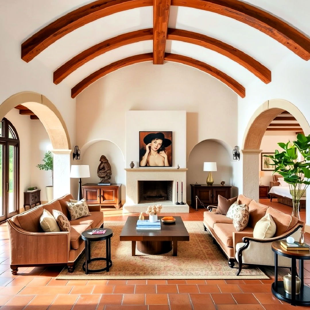 mediterranean vibe arched exposed beams - 25 Exposed Beam Living Room Ideas
