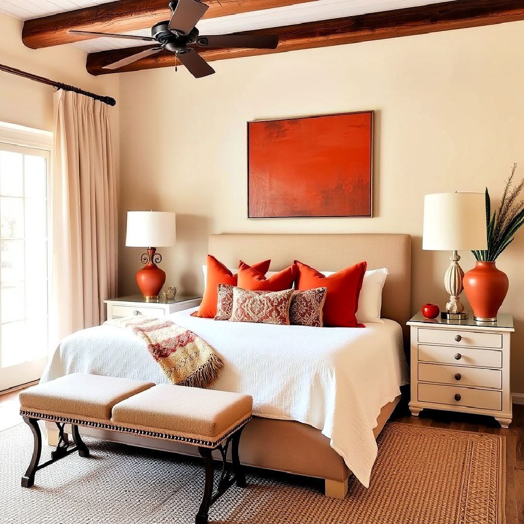 mediterranean vibe beige and terracotta accents - 30 Beige Bedroom Ideas