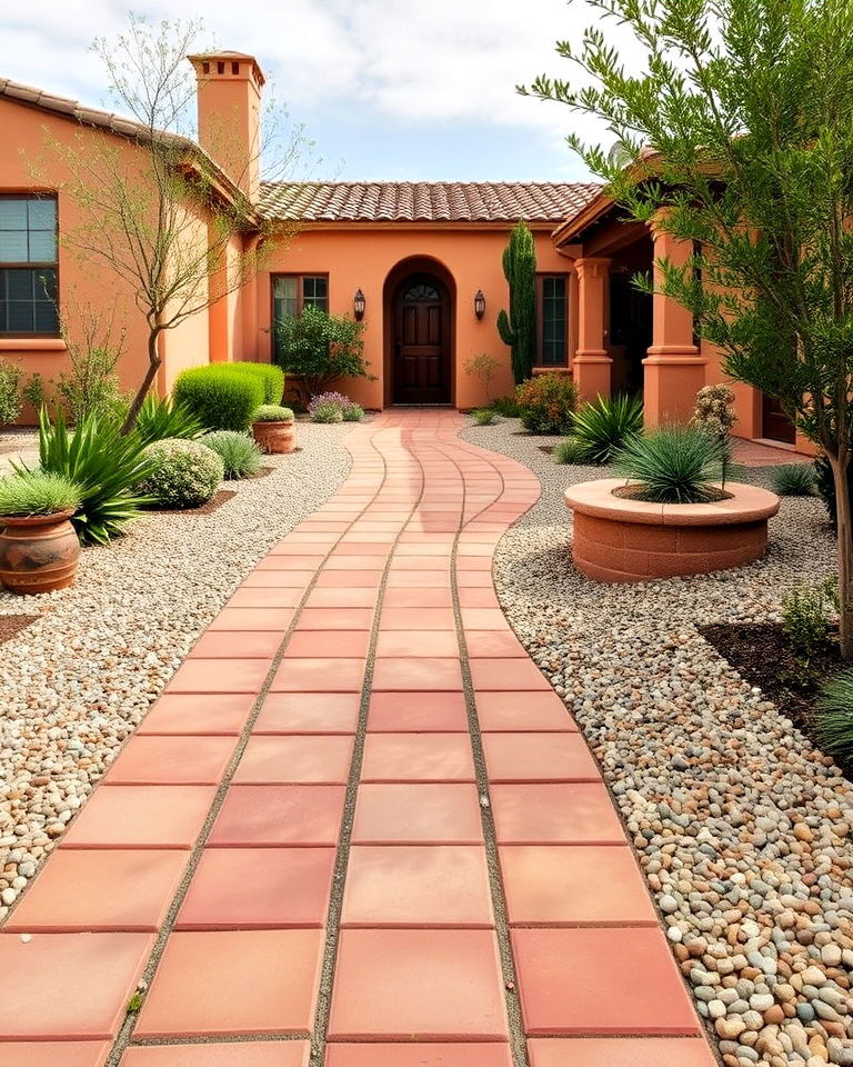 mediterranean vibe terra cotta paver and gravel pathway - 20 Front Yard Spanish Style Landscaping Ideas