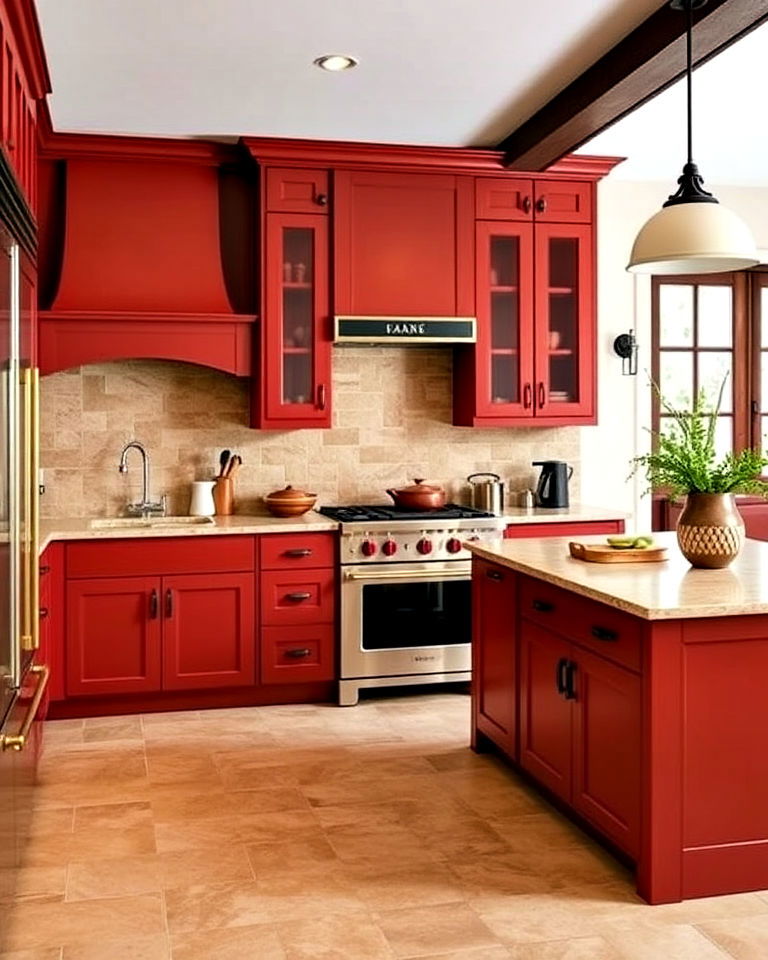 mediterranean vibe terracotta red cabinets - 40 Kitchen Cabinet Color Ideas