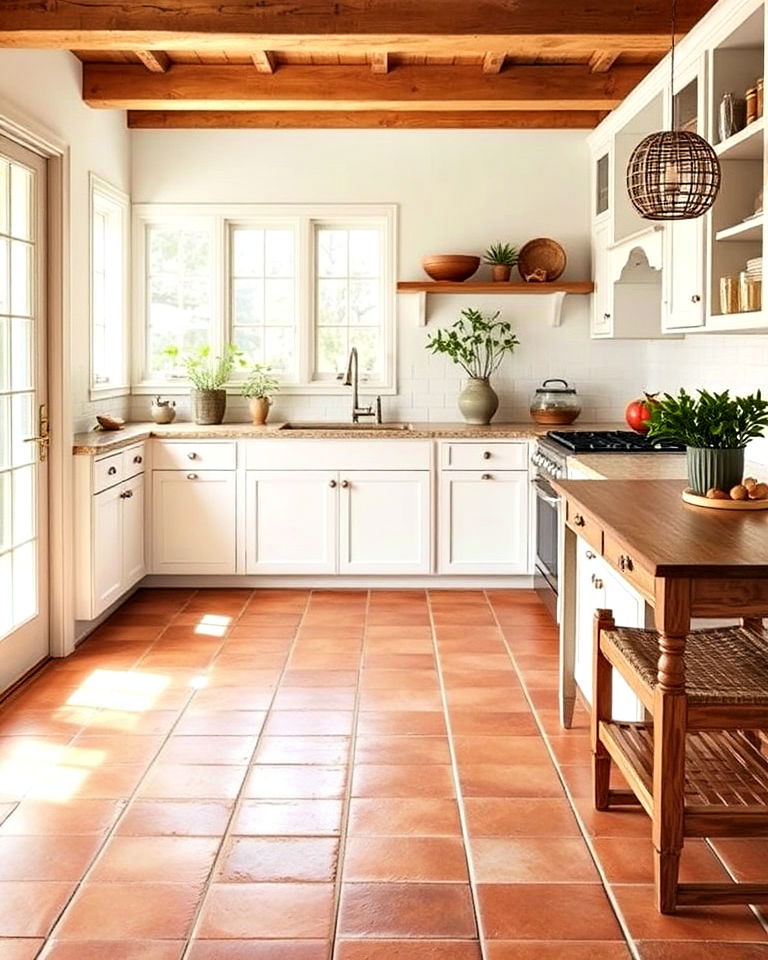 mediterranean vibe terracotta tile flooring - 40 Farmhouse Flooring Ideas