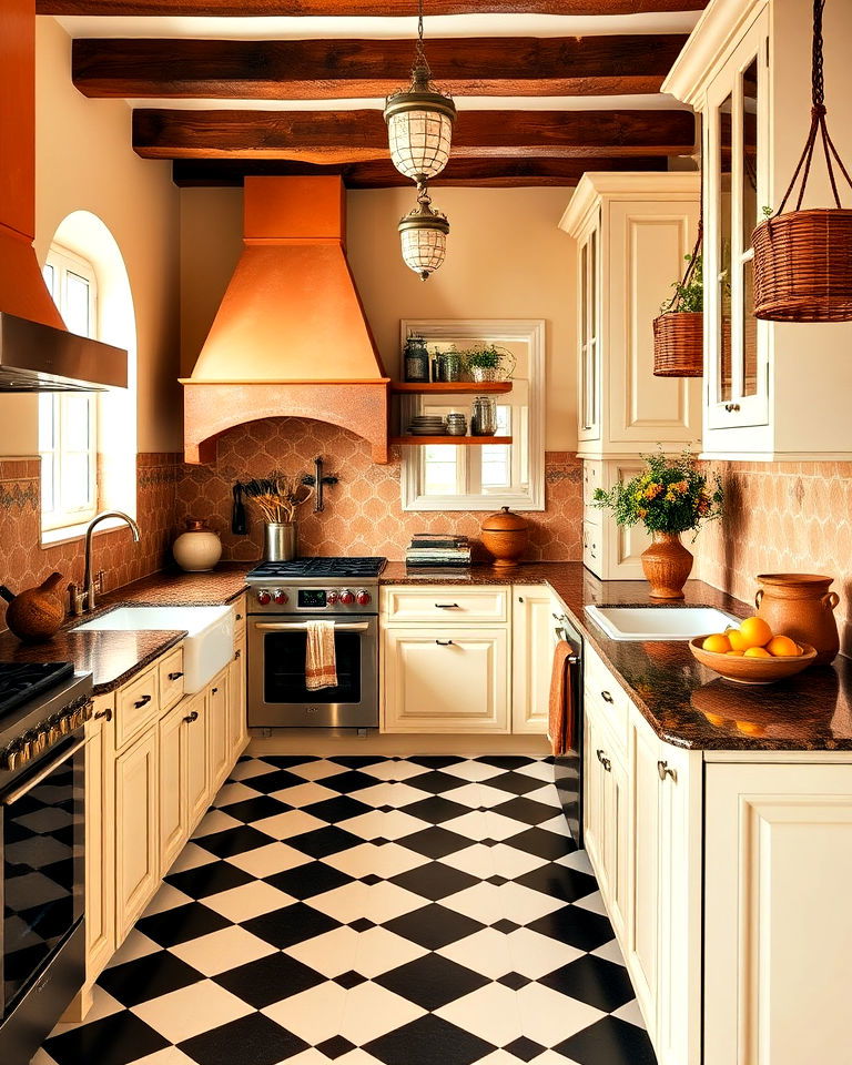 mediterranean vibes kitchen with checkered floor - 25 Kitchens With Checkered Floors