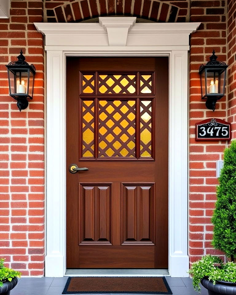 medium walnut door with lattice detailing - 15 Brown Front Door Ideas