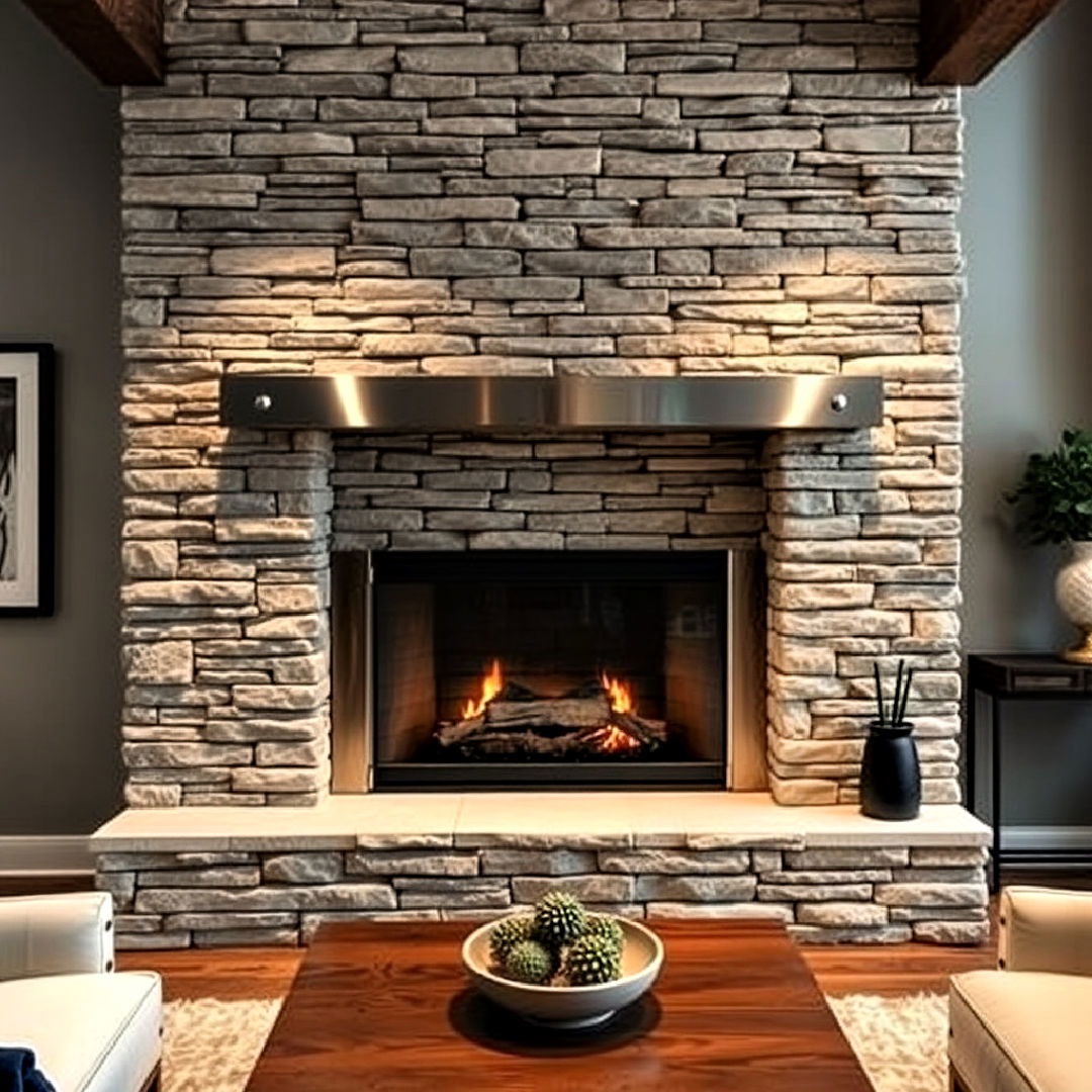 metal accent for stacked stone fireplace - 25 Stacked Stone Fireplace Ideas
